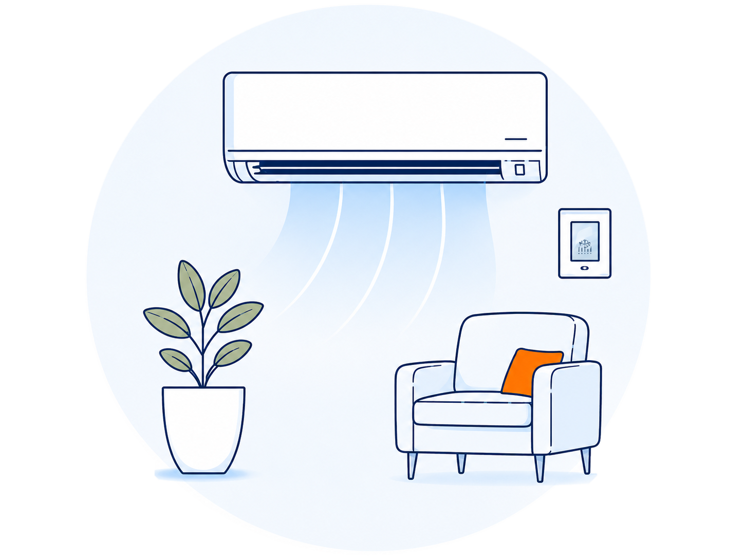 Wohnraum mit Klimaanlage, Sessel, Pflanze und Steuereinheit