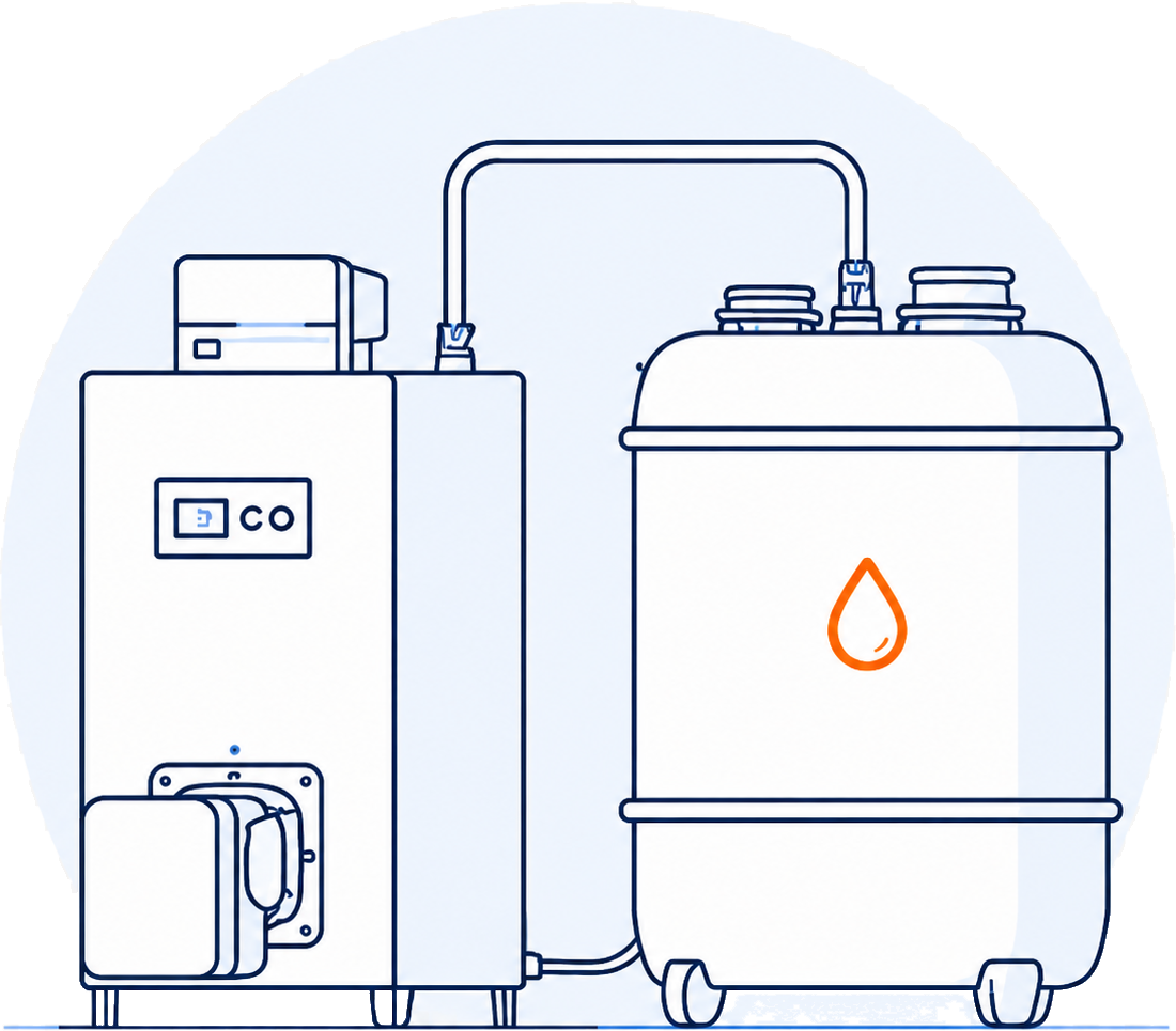 Illustration einer Ölheizung mit Heizkessel und Öltank