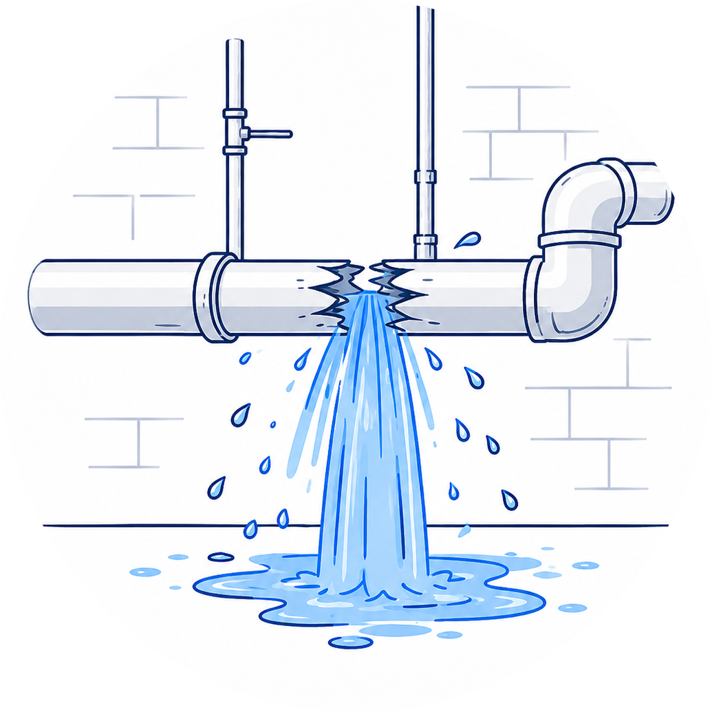 Rohrbruch mit austretendem Wasser vor einer gemauerten Wand