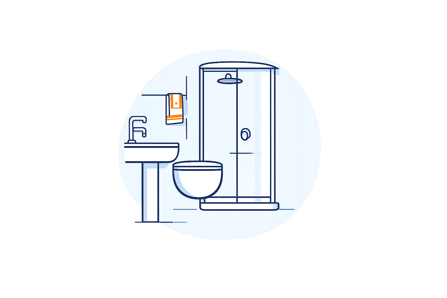 Illustration eines Badezimmers mit Waschbecken, Toilette und Dusche