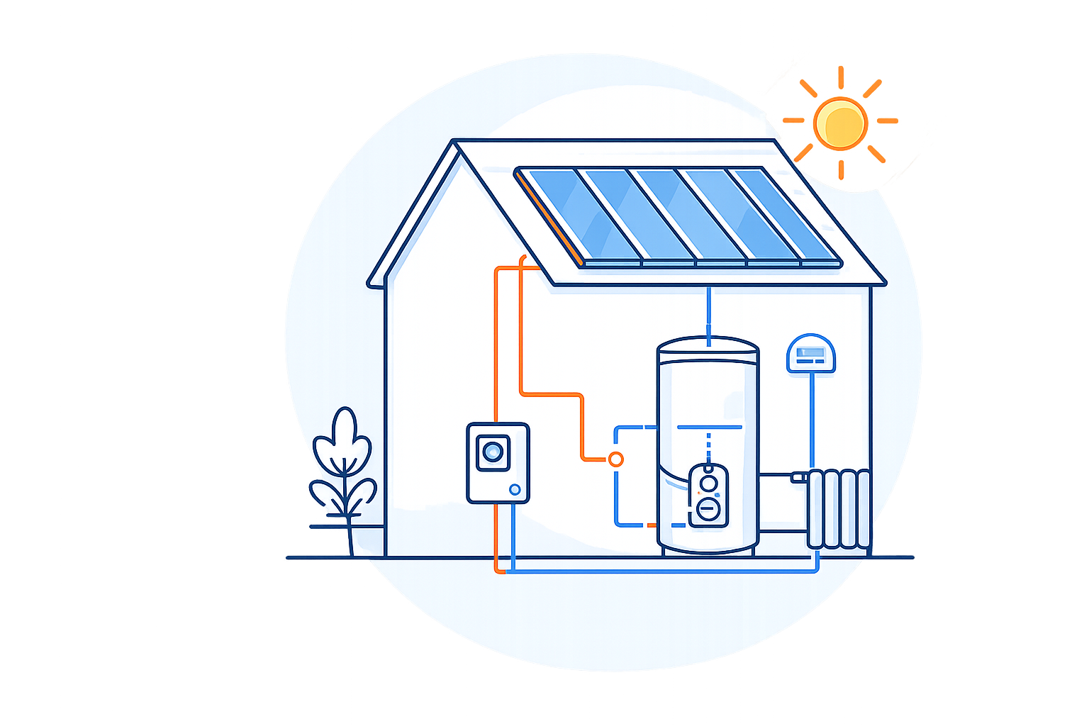 Schematische Darstellung einer Solaranlage mit Kollektoren, Warmwasserspeicher, Dusche und Heizkörper