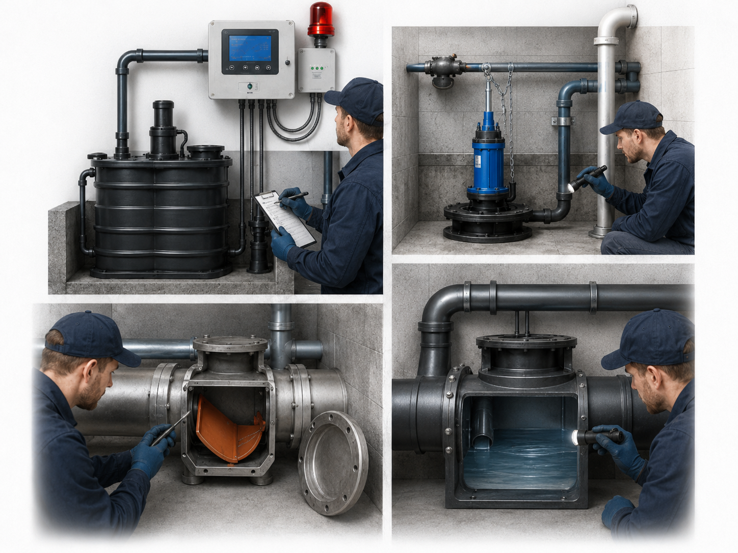 Hebeanlage, Pumpentechnik, Rückstauklappe und Entwässerungsleitungen
